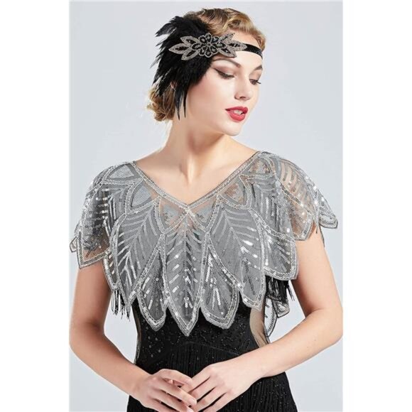 1920s Shawl Wraps Sequin Beaded Evening Cape Bridal Shawl - Picture 2 of 7